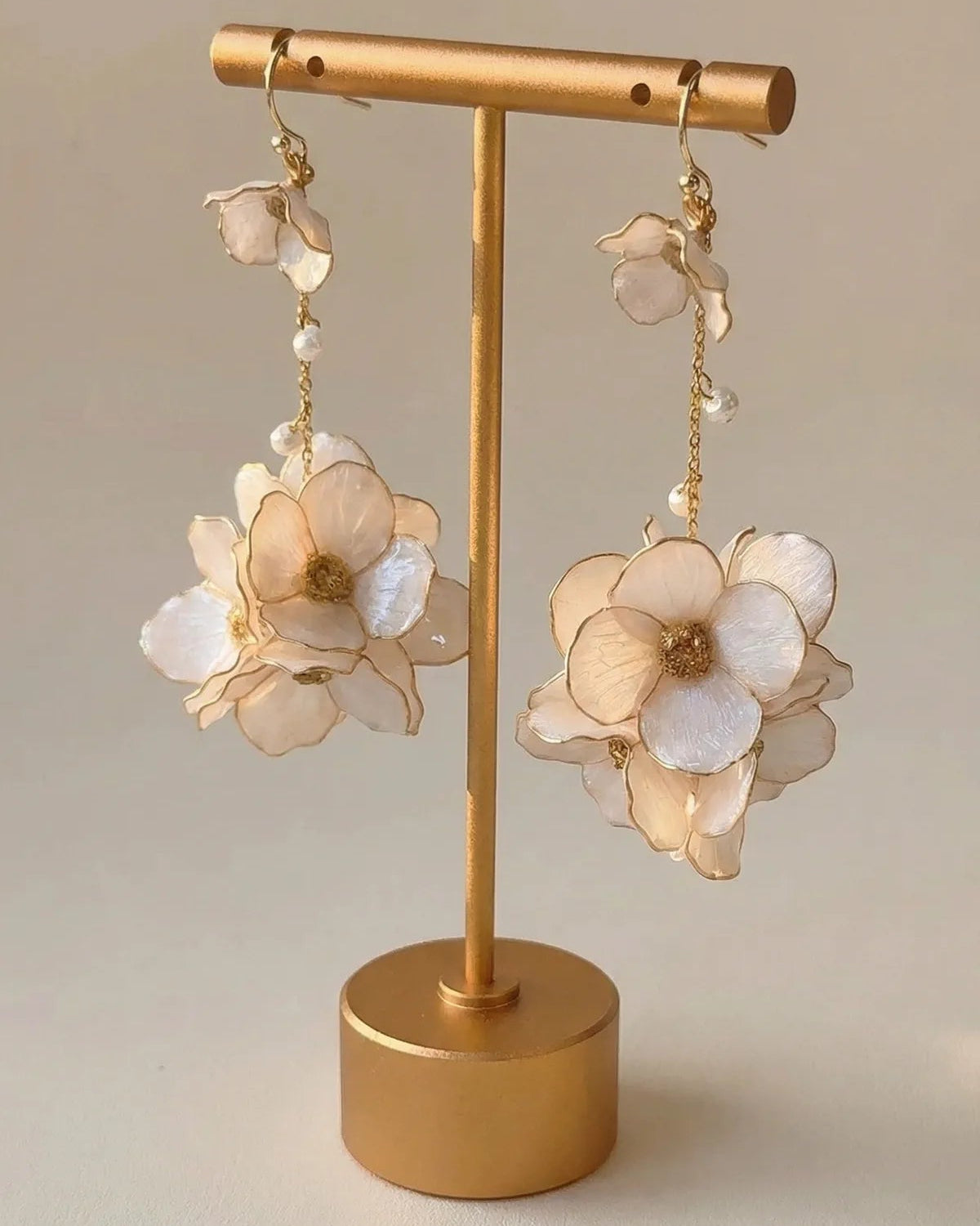 Sparkling Made large flower dangle earrings with pearl shine handcrafted with artistic copper wire