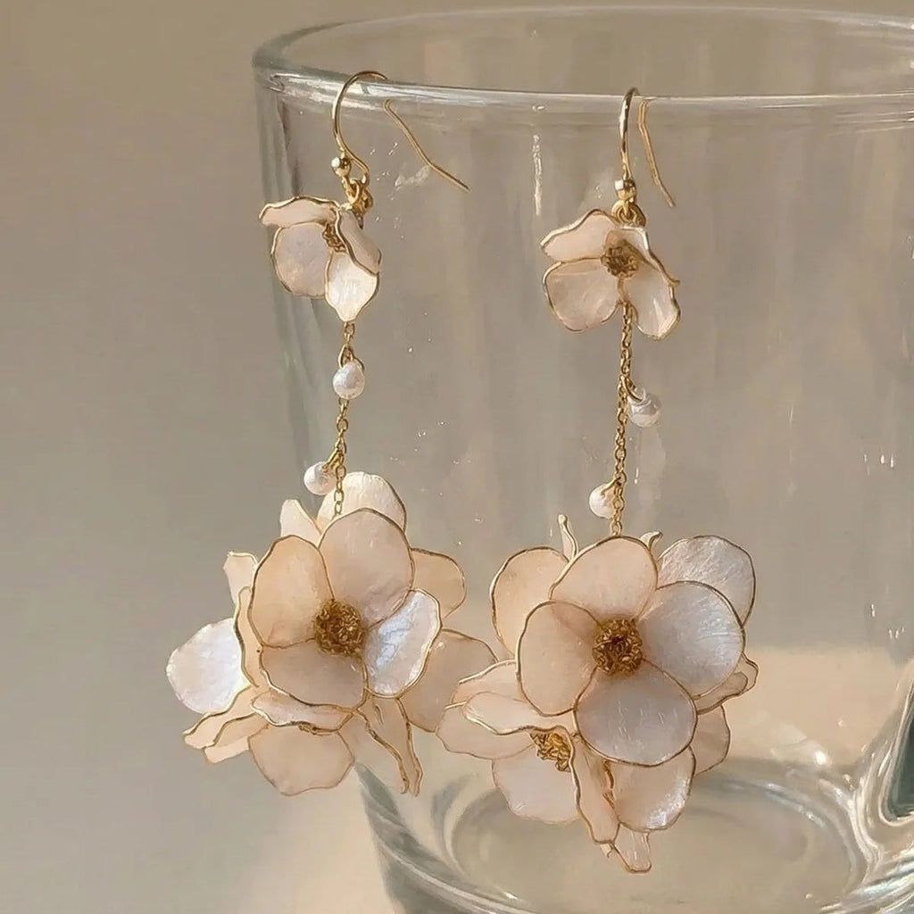 Sparkling Made large flower dangle earrings with pearl shine featuring layered translucent petals
