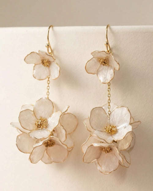Sparkling Made petite flower dangle earrings with pearl shine handcrafted with artistic copper wire