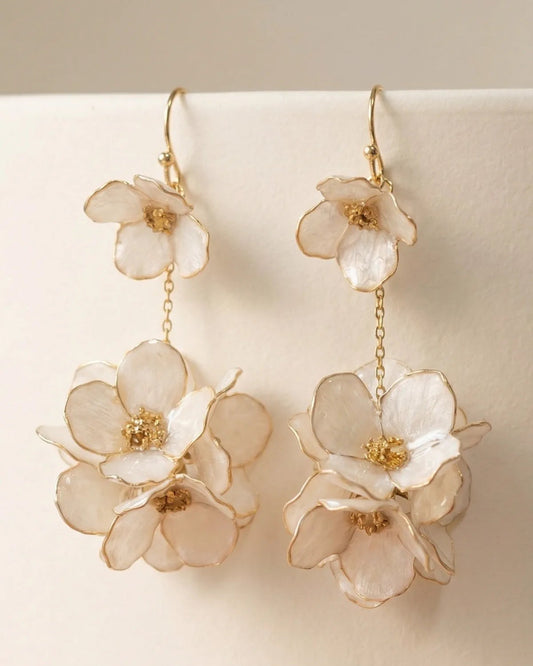 Sparkling Made petite flower dangle earrings with pearl shine handcrafted with artistic copper wire